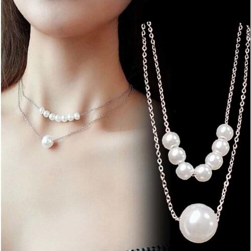 AIYANISHI 18K Gold Filled Chain Necklace Double Layer Pearl Necklace Women Vintage Style Simple Pendant Necklace Fashion Jewelry
