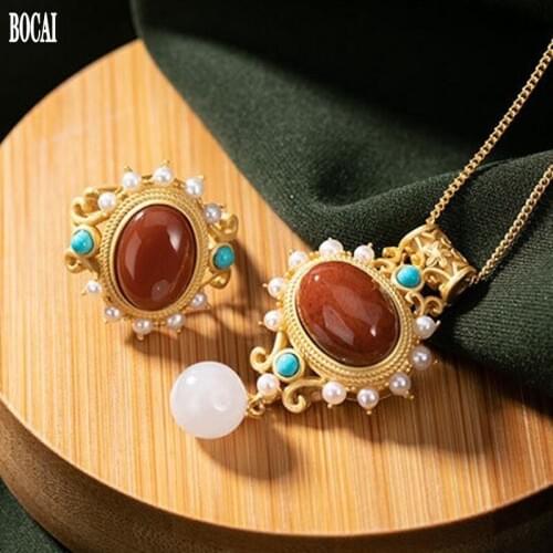 BOCAI 2020 new real S925 pure silver jewelry natural agate jade women necklace set Quality classic woman necklace