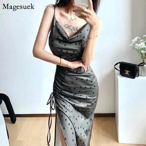 Retro Women Elegant V Neck High Waist Dresses Summer Party Sexy Dress Female Backless Polka Dot Bandage Sling Dress Robes 15148