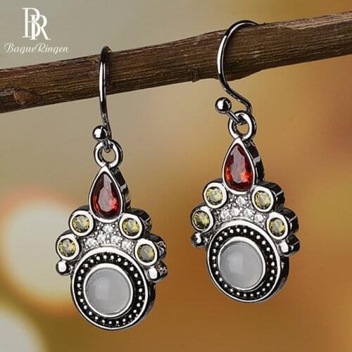 Bague Ringen Vintage Temperament Gemstone Earrings for Women Moonstone Water Drop Shaped Ruby Silver 925 Jewelry Anniversary