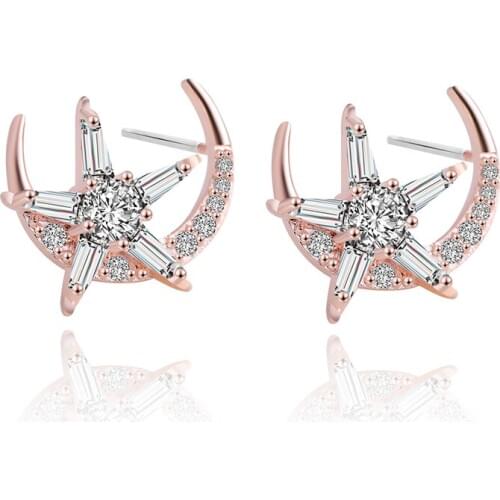 A pair Of Delicate Rose Gold Stars Moon Stud Earring Copper Zircon High Quality Jewelry Bride Bridesmaid Party Earrings