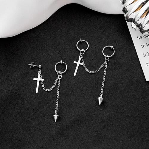 Unisex Hiphop Rock Earrings for women men Stainless Steel Cross Clip Earrings Silver Color Korean Geometric Fashion Jewelry Gift