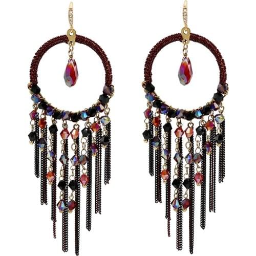 Luxury Circle Crystal Beaded Dangle Drop Earrings Bohemian Handmade Metal Chain Long Tassel Earrings For Women Wedding Party