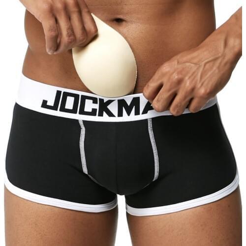 JOCKMAIL Padded mens underwear boxers Trunks with sexy gay penis pouch bulge enhancing Front + back Double removable push up cup