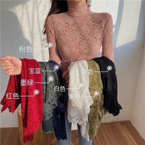Hi Girl Turtleneck Slim Blouse Women Floral Hollow Out Embroidery Translucent Lace Shirt Sexy Sweet Basic Blouses Blusa 7 colors
