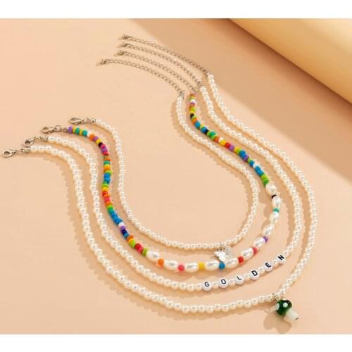 Y2K Letter/Pearl Bead Choker Necklace for Women Boho Layered Chain with Butterfly/Mushroom Pendant Necklace 2021 Fashion Jewelry