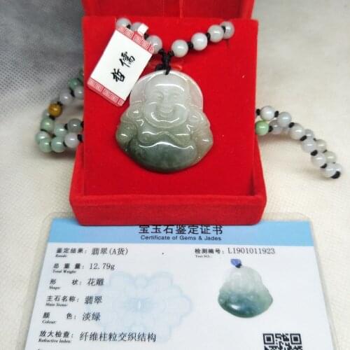 Zhe Ru Jewelry Pure Natural Jadeite Green Double Color Laughing Buddha Pendant Three-color Yuzhu Necklace Send A-level certifica
