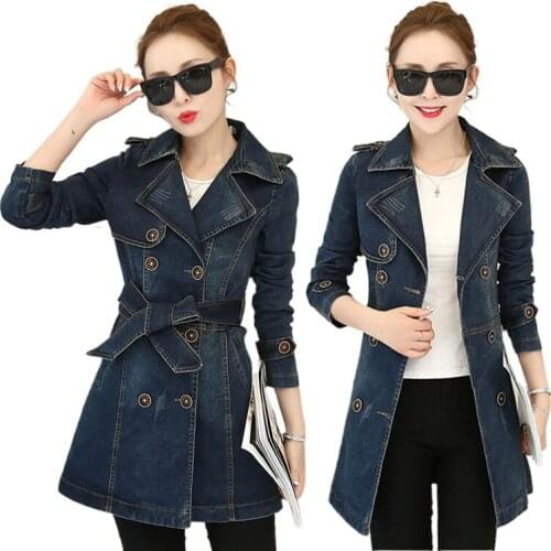 Spring and autumn new Korean womens denim jacket loose mid-length double-breasted belted denim trench coat women