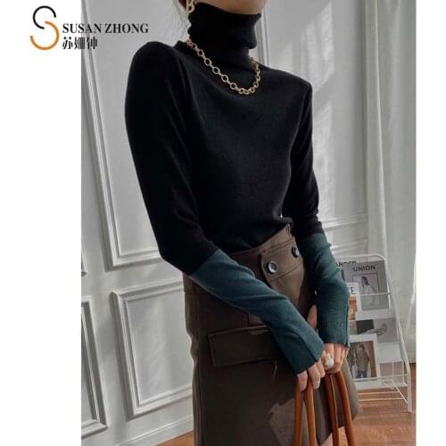 Women Pullovers Female Sweater Ladies Knitwear Tops 2021 Spring New Fashion Elegant Romantic Vintage Turtle Neck Color Contrast