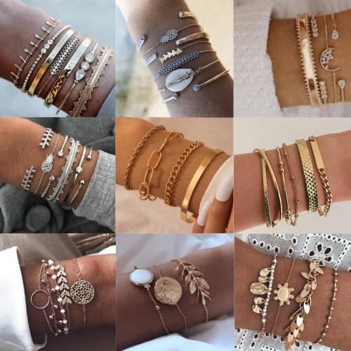 Tocona Bohemian Gold Tassel Bracelets for Women Summer Shell Clear Crystal Stone Pineapple Geometric Heart Bangle Jewelry
