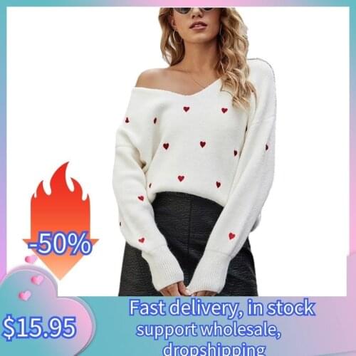 Love Printed V-neck Knitted Pullover Loose Large Sweaters Womens Casual Acrylic Long Sleeve Sweater 2021 Autumn and Winter New