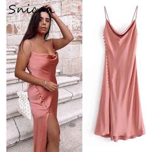 Button up high waist sexy party club split dress strap suspender sphagetti slit midi dress satin summer za 2020 women robe femme