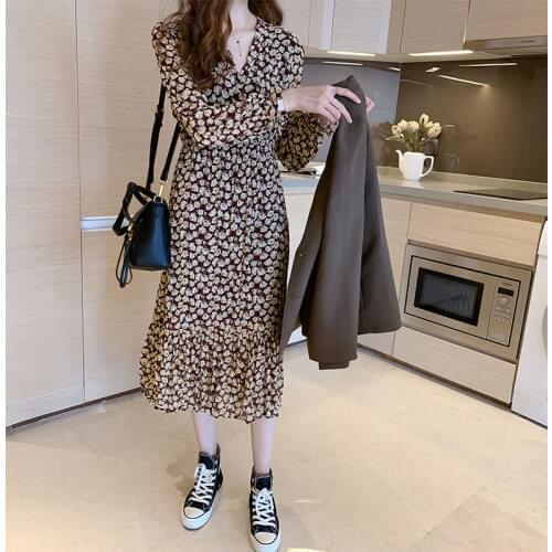 Ladies Vintage Maxi Floral Print Autumn Party Dress Women Slim Casual High Waist Long Sleeve Women Beach Dress Vestidos Female