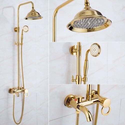 Gold Shower Set European All-copper Belt Blue and White Porcelain Shower System Hot and Cold Shower Faucet In Bathroom