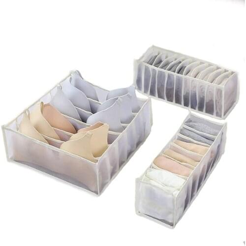3 Piece Set of Foldable Underwear Storage Box with 6/7/11 Grid Drawer Divider Dormitory Space Saving Organizer Bag Beige
