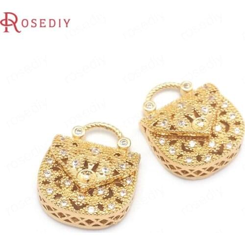 40658)6PCS 17.5x14.5MM 24K Champagne Gold Color Brass and Zircon Handbag Charms Pendants Jewelry Making Supplies Diy Findings