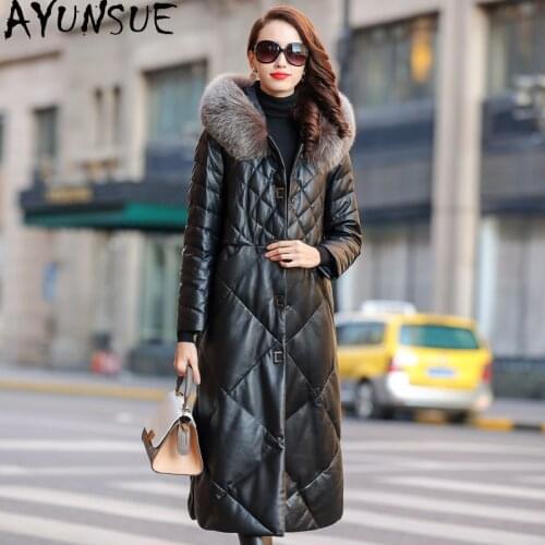 AYUNSUE 2020 Genuine Leather Jacket Women Long Womens Winter Down Jackets Sheepskin Coat Female Fox Fur Collar Mujer Chaqueta 8