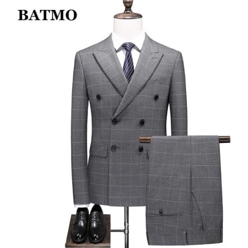 BATMO 2021 new arrival high quality plaid double breasted suits men,male wedding dress,double slit