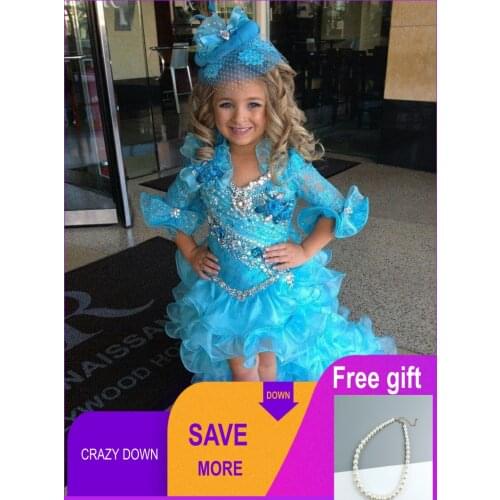 Sparly Pageant Dresses For Girls High Low Blue Kids Prom Dresses Organza Beads Half Sleeve Party Dresses for Flower Girl vestido