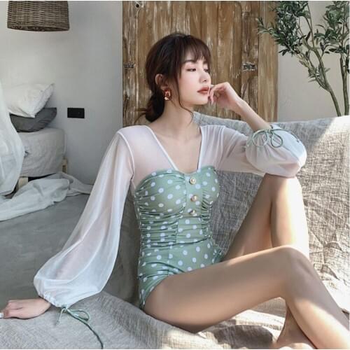 One Piece Swimsuit Female Plus Size Women Swimwear Korea New Super Dyed Lady Dot Polyester Sierra Surfer 2020 Indoor Swim Big