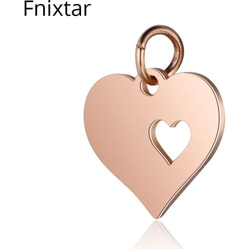 Fnixtar High Qulaity Stainless Steel Rose Gold Color Hollow Heart Charms Pendant For Jewelry Making Mini Metal Charm 10pcs/lot