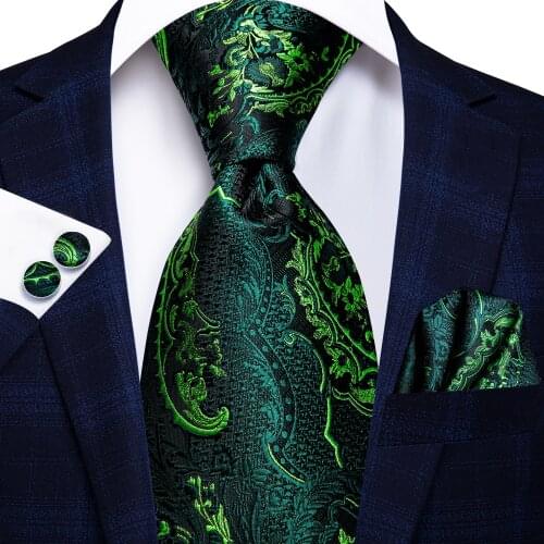 Hi-Tie Fashion Designer Male Classic Green Ties for Men Luxury Paisley Wedding Party NeckTie Hanky Cufflinks Set 100% Silk Ties