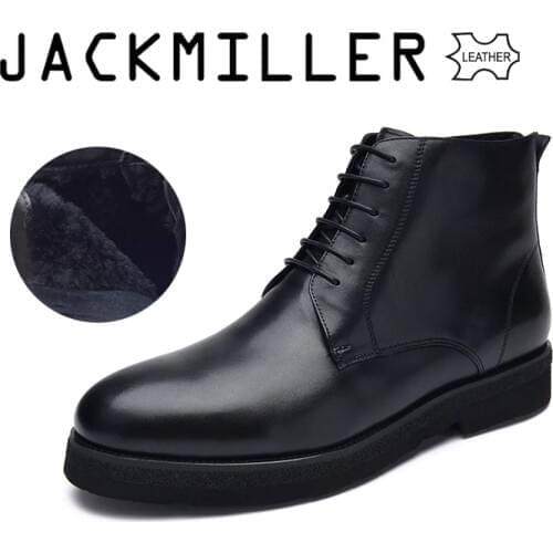 Jackmiller winter men boots cow leather natural wool warm lace-up leather ankle boots for men black fashion boots size 40-44
