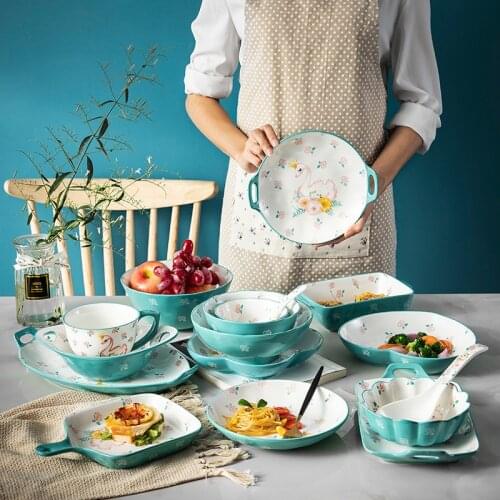 Japanese Cartoon Hand-painted Tableware Set Household Ceramic Plate Rice Bowl Noodles Soup Bowl Couple Small Fresh Swan