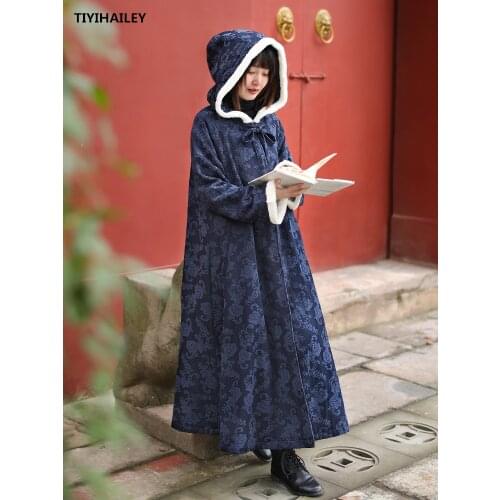 TIYIHAILEY Free Shipping Cotton Linen Fleece Inside Thick Warm Cloak Winter Outerwear Hooded Loose Long Maxi Blue Witch Cardigan