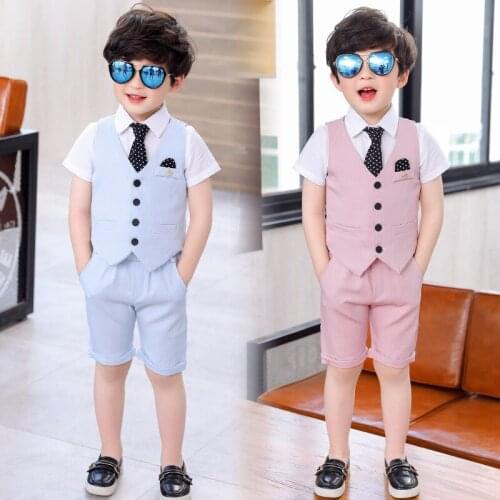 New Summer Boys Formal Suits Vest Shorts Dress Children School Outfits Dresses Kids Clothes Sets Toddler Party Costume