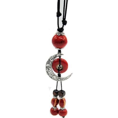 Retro Ethnic style Handmade ceramic Bead Alloy moon pendant necklace N255