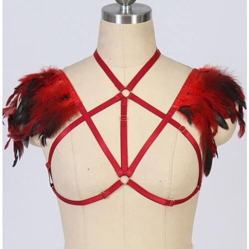 Gothic Sexy Lingerie Feather Body Harness Epaulettes Red Burlesque Shoulders Angel Wings Crop Top Cage Bra Bondage Harness Belt