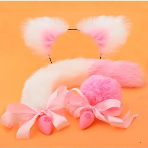 Pink Butt Plug Silicone Anal Plug With Fox Tail And Bong Beads Pump Dilators Cat Ear Cosplay SM Adult Cute Fluffy Rabbit Hairpin