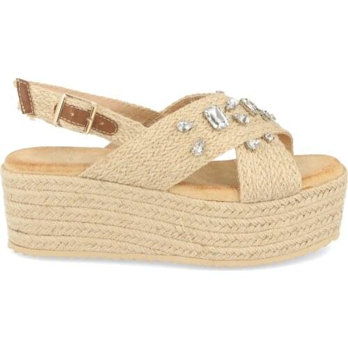 Platform sandal with Jute, Vanes Cross Raffia with Crystals Embellishment and Buckle Closure Spring Summer 2020