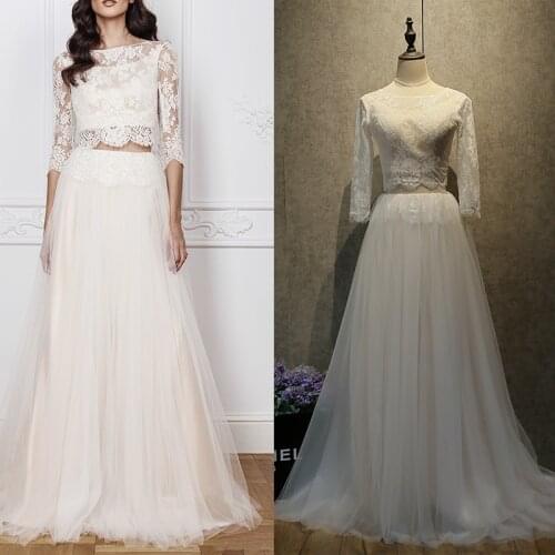 Two Pieces Boho Wedding Party Dress Beach Seaside Crop Top Half Sleeves Tulle Lace Bateau Bridal Gown #681