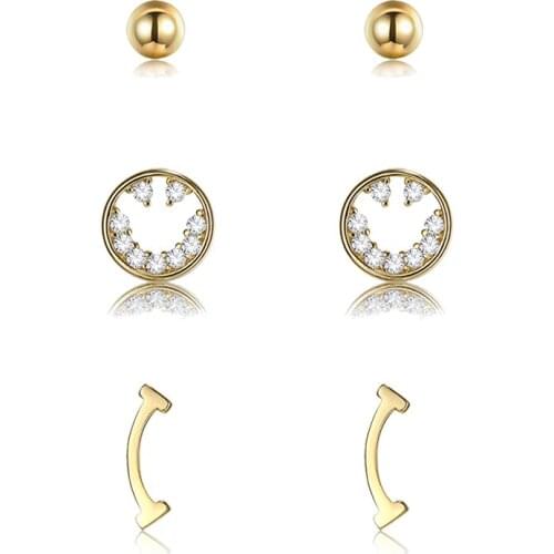 ZEMIOR Sterling Silver 925 Jewelry Devious Letter I & Round Bead Clear CZ Smiley Earrings Sets For Women Golden Stud Earring