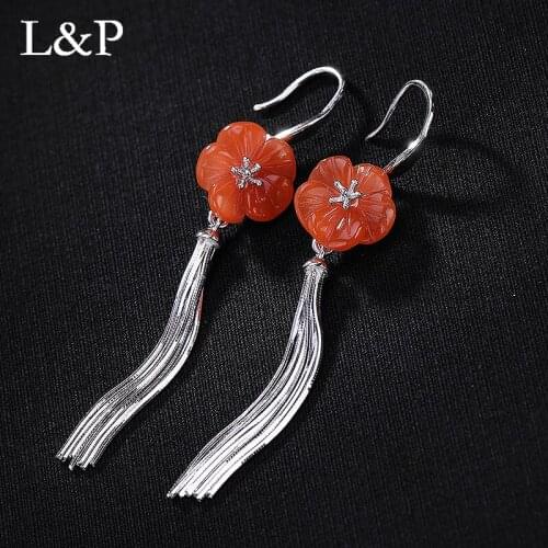 L&P Real 100% 925 Sterling Silver Vintage Agate Tassels Long Drop Earrings for Women Fine Silver Jewelry Brincos