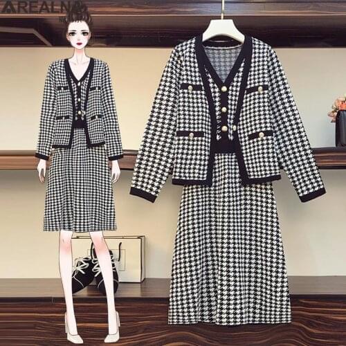 2021 Autumn Knitted two piece set women plus size Korean fashion office suits Houndstooth Cardigan coat + Sleeveless dress sets
