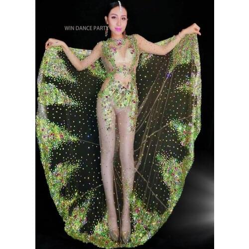 Sparkly Colorful Crystals Long Train Dress Women luxurious Big Tail Dress Evening Costume Performance Party Celebrate Dress