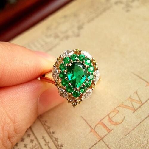 AAA Jewelry For Women Colombia Solid 18K Yellow Gold 2.1ctw Moissanite Pear Green Emerald Halo Ring Side Marquise Wedding Ring