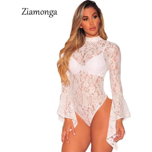 Ziamonga Vintage High Neck Lace Bodysuit Women Long Flared Sleeve Open Back Body Jumpsuit Sexy Bodycon Romper Overalls For Women