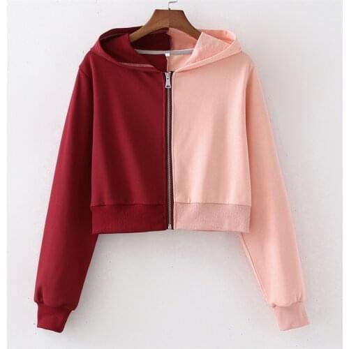 ZXQJ Women 2021 Fashion Patchwork Zip-up Cropped Sweatshirts Vintage Hooded Long Sleeve Female Outerwear Chic Tops