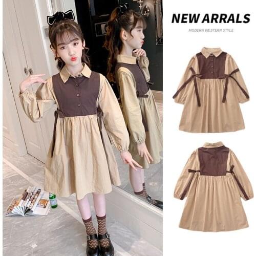 2021 Children Long Sleeve Khaki Dress Princess Autumn Spring Kids Clothes