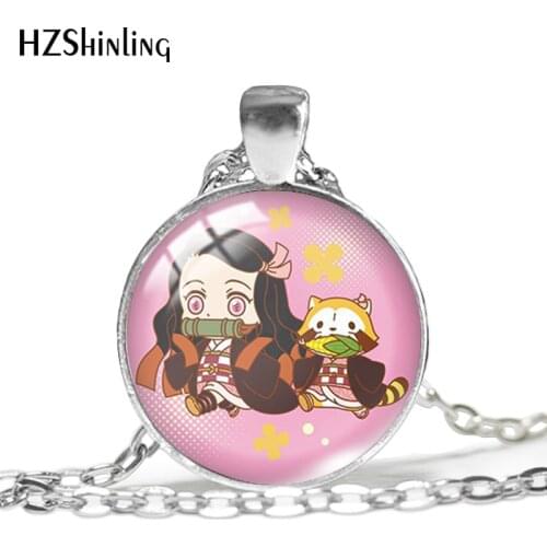 2021 New Demon Slayer Kimetsu no Yaiba Pendant Necklace Anime Pendants Round Glass Photo Necklaces 25mm Jewelry Gifts Fan