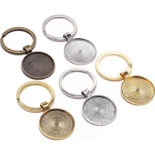 5Pcs/Lot 25mm Keychain With Pendant Bezel Blank Round Cameo Glass Cabochon Base Setting Keyring for DIY Jewelry Making Findings
