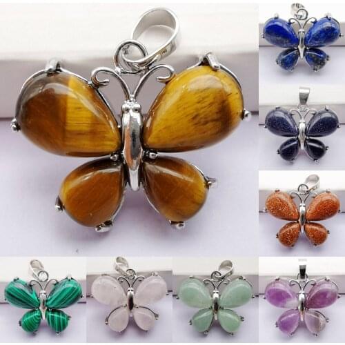 Aventurine/Crystal/Carnelian/Sandstone/Opal/Malachite Stone Pendant Butterfly Animal Jewelry For Woman Gift 1PCS S240-S249