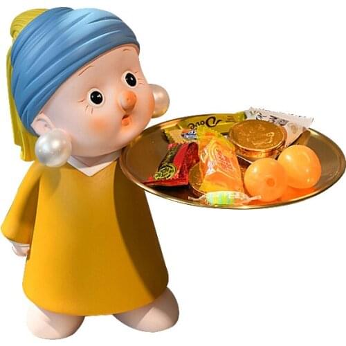 Home Creative Living Room Decoration Sculpture Famous Painting Cute Pearl Earring Girl Statue Entrance Key Storage Tray Figurine