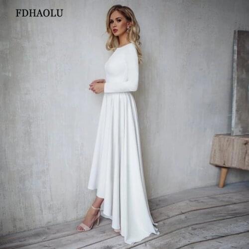 FDHAOLU FU157 White Long Sleeve Soft Satin Wedding Dresses 2021 Open Back High/Low Beach Boho Bride Gowns A-line Party Dress