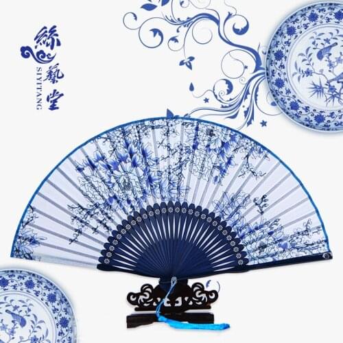 Characteristic fan Chinese style blue and white porcelain classical folding fan womens stage props craft fan FAN-7