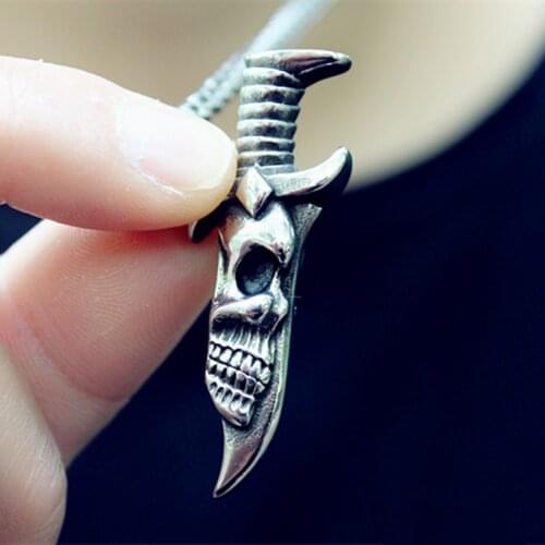 Fine Hand-made Retro Domineering Solid Double-sided Skull Dagger Pendant Men and Women Jewelry Necklace